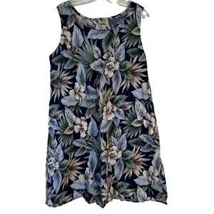 Pau Hana Hawaii Floral Tropical Shift Dress XL Navy Blue Sleeveless Cotton Blend